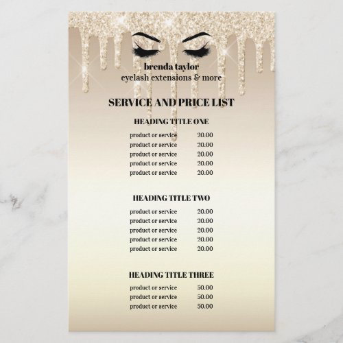 Gold Glitter Dripps EYELASH SALON SERVICE LIST   Flyer