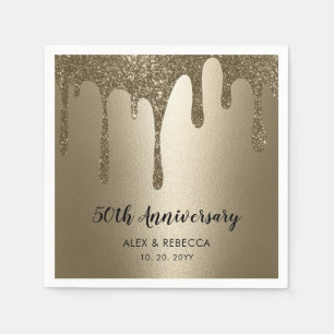 Gold Glitter Drips 50th Wedding Anniversary  Napkins