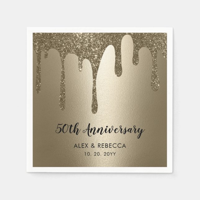 Gold Glitter Drips 50th Wedding Anniversary  Napkins (Front)
