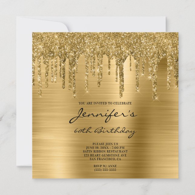 Gold Glitter Drips and Foil 60th Birthday Invitation (Front)