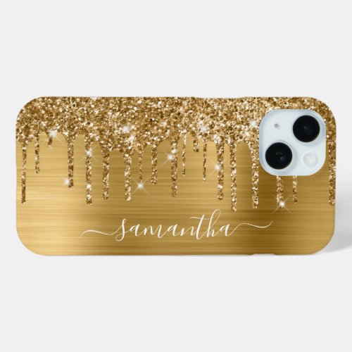 Gold Glitter Drips and Foil Girly Signature iPhone 15 Case
