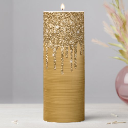 Gold Glitter Drips and Foil Pillar Candle