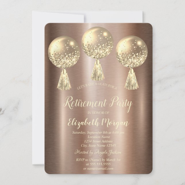 Gold Glitter Drips Balloons Brown Retirement  Invitation (Front)