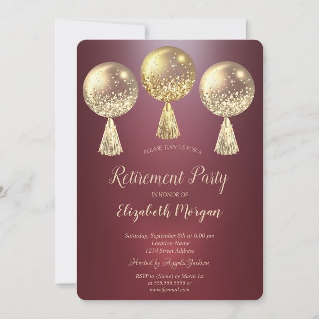 Gold Glitter Drips Balloons Burgundy Retirement  Invitation (Front)