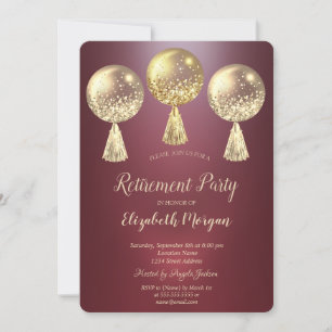 Gold Glitter Drips Balloons Burgundy Retirement Invitation