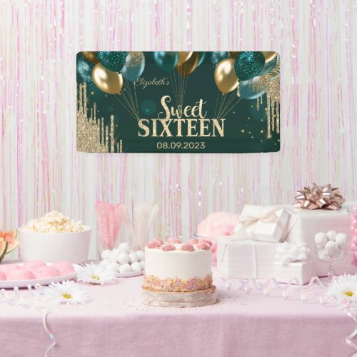  Gold Glitter Drips Balloons Green Sweet 16 Banner