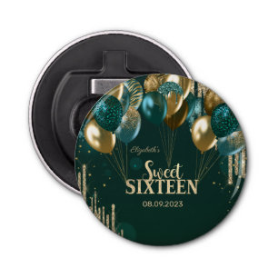 Gold Glitter Drips Balloons Green Sweet 16 Bottle Opener