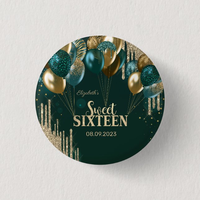  Gold Glitter Drips Balloons Green Sweet 16 Button (Front)