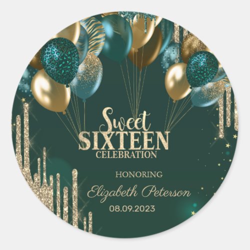  Gold Glitter Drips Balloons Green Sweet 16 Classic Round Sticker