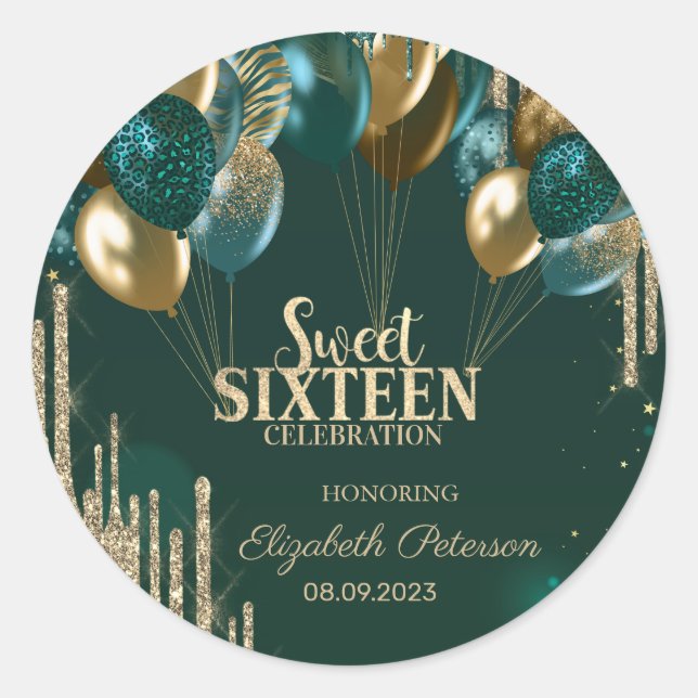 Gold Glitter Drips Balloons Green Sweet 16 Classic Round Sticker (Front)