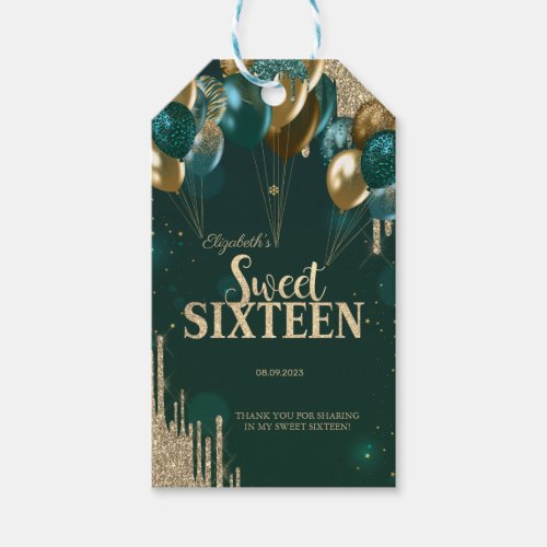  Gold Glitter Drips Balloons Green Sweet 16 Gift Tags