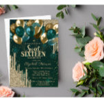 Gold Glitter Drips Balloons Green Sweet 16 Invitation<br><div class="desc">A modern,  chic and glamorous glitter drips,  and balloons on a green background.</div>