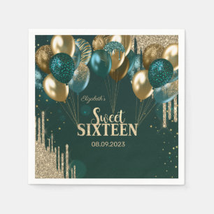 Gold Glitter Drips Balloons Green Sweet 16 Napkins