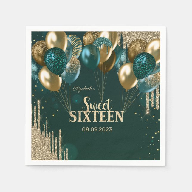  Gold Glitter Drips Balloons Green Sweet 16 Napkins (Front)