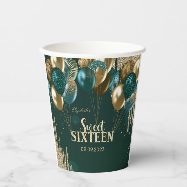 Gold Glitter Drips Balloons Green Sweet 16  Paper Cups (Front)