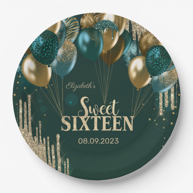  Gold Glitter Drips Balloons Green Sweet 16 Paper Plates (Front)