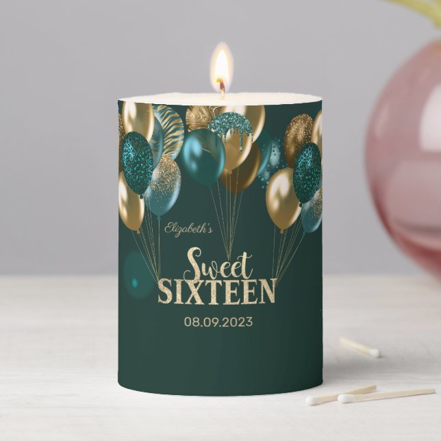 Gold Glitter Drips Balloons Green Sweet 16 Pillar Candle (In Situ)