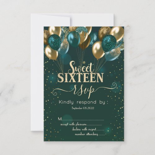 Gold Glitter Drips Balloons Green Sweet 16 RSVP  Invitation