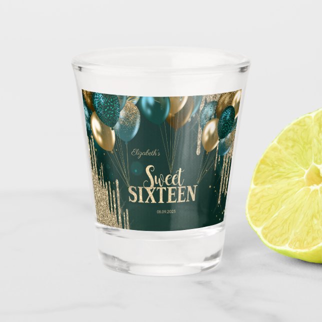  Gold Glitter Drips Balloons Green Sweet 16 Shot Glass (Front)