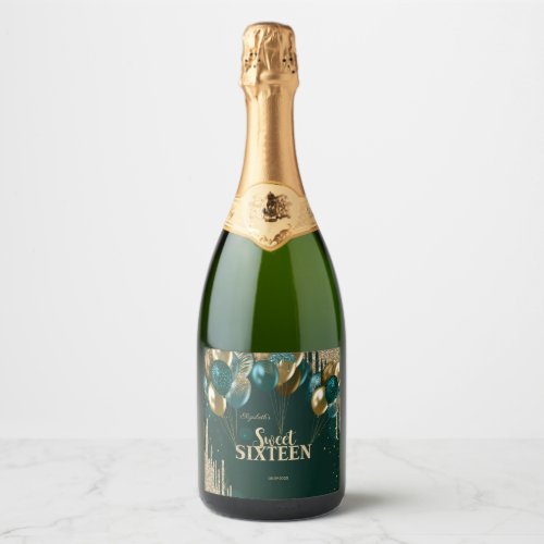  Gold Glitter Drips Balloons Green Sweet 16 Sparkling Wine Label