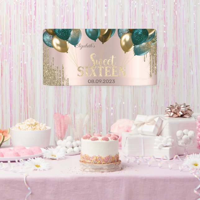  Gold Glitter Drips Balloons Rose Gold Sweet 16 Banner (Party)