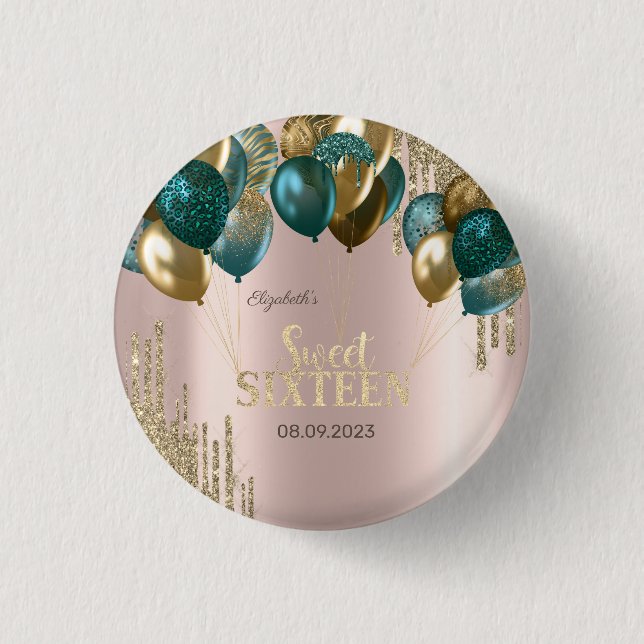  Gold Glitter Drips Balloons Rose Gold Sweet 16 Button (Front)