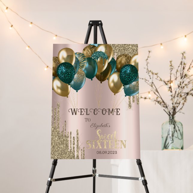  Gold Glitter Drips Balloons Rose Gold Sweet 16 Foam Board (In Situ (Stand))