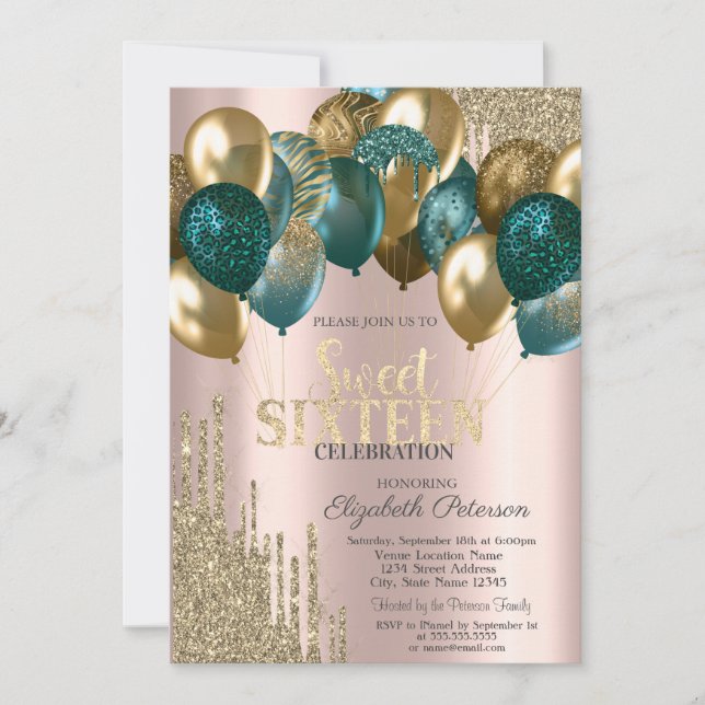 Gold Glitter Drips Balloons Rose Gold Sweet 16 Invitation (Front)