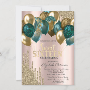 Gold Glitter Drips Balloons Rose Gold Sweet 16 Invitation