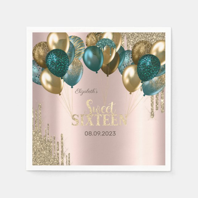  Gold Glitter Drips Balloons Rose Gold Sweet 16 Napkins (Front)