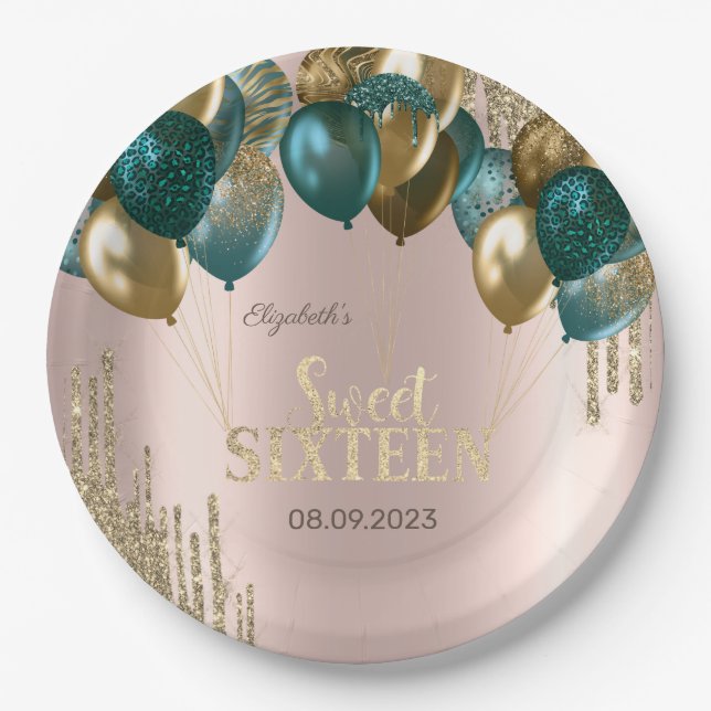  Gold Glitter Drips Balloons Rose Gold Sweet 16 Paper Plates (Front)