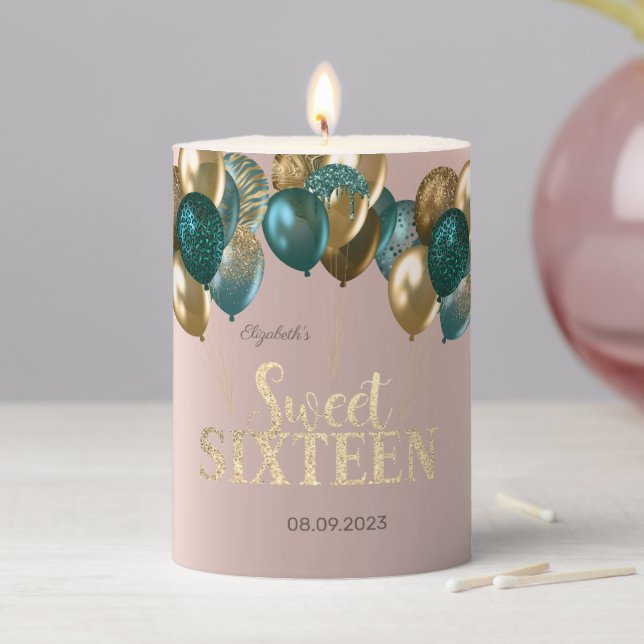 Gold Glitter Drips Balloons Rose Gold Sweet 16 Pillar Candle (In Situ)
