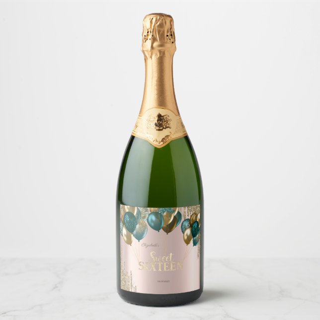  Gold Glitter Drips Balloons Rose Gold Sweet 16 Sparkling Wine Label (Front)