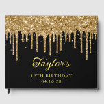 Gold Glitter Drips Black 16th Birthday Foil Guest Book<br><div class="desc">Create your own personalized any year or milestone birthday party guest book for her special event. Customize the font style, color and drop shadow. Faux sparkly royal gold dripping glitter digital art graphic image over a customizable solid color black background. The sparkle and glitter elements in this modern girly design...</div>