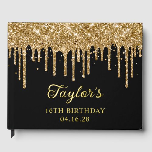 Gold Glitter Drips Black 16th Birthday Foil Guest Book
