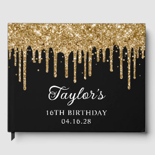 Gold Glitter Drips Black 16th Birthday Guest Book