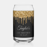 Gold Glitter Drips Black 21st Birthday Can Glass<br><div class="desc">Create your own 21st birthday party design on a can glass. Girly faux sparkly dripping gold glitter over a customizable solid black color background. Customize the font styles to create your own personalized beer glass for her special celebration. A classic elegant calligraphy paired with an all caps serif font. Move...</div>