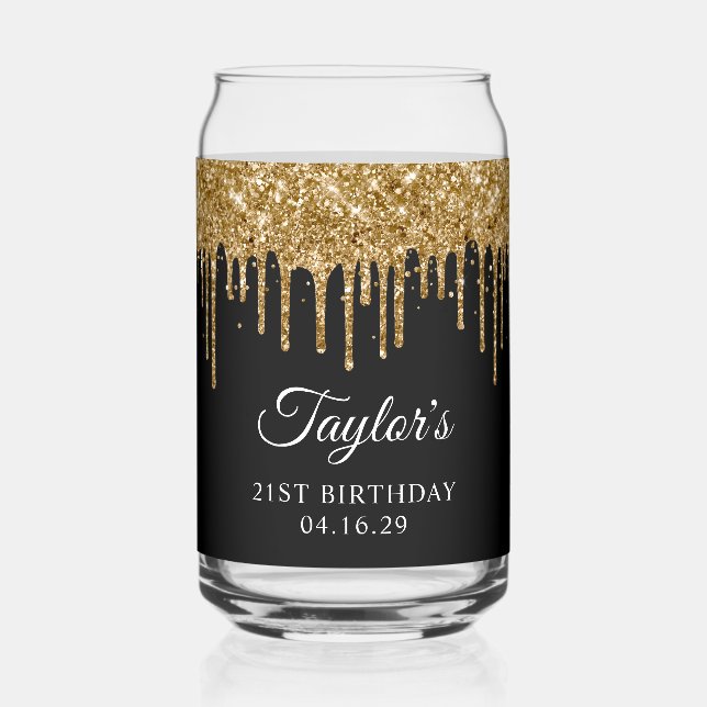 Gold Glitter Drips Black 21st Birthday Can Glass (Front)