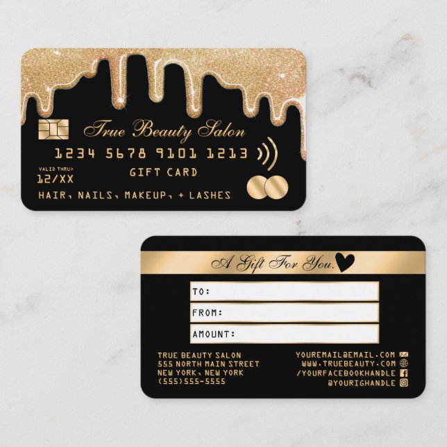 Gold Glitter Drips Black Credit Gift Certificate (Front/Back)