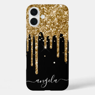 Gold Glitter Drips Black Glam Signature iPhone 16 Plus Case