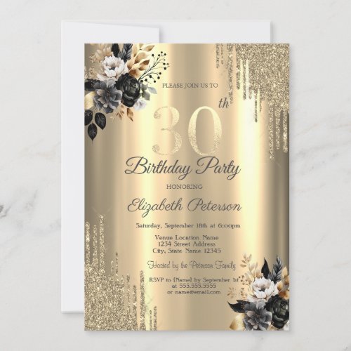 Gold Glitter Drips Black Roses 30th Birthday  Invitation