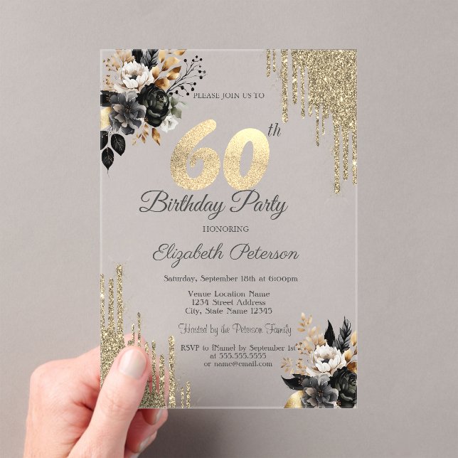 Gold Glitter Drips Black Roses 60th Birthday  Acrylic Invitations (Insitu (Handheld))