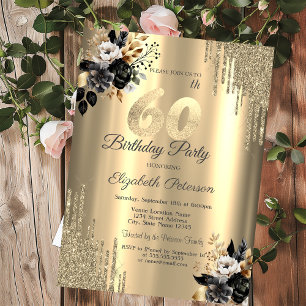 Gold Glitter Drips Black Roses 60th Birthday Invitation