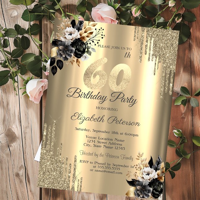 Gold Glitter Drips Black Roses 60th Birthday  Invitation (Creator Uploaded)