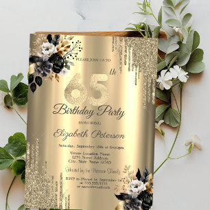 Gold Glitter Drips Black Roses 65th Birthday  Invitation