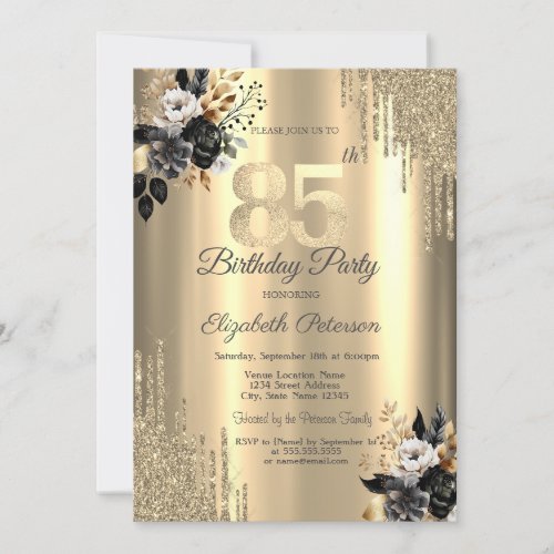 Gold Glitter Drips Black Roses 85th Birthday  Invitation