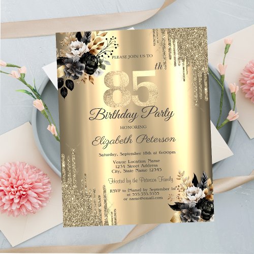 Gold Glitter Drips Black Roses 85th Birthday  Invitation