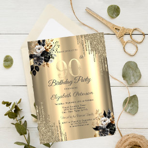 Gold Glitter Drips Black Roses 90th Birthday  Invitation