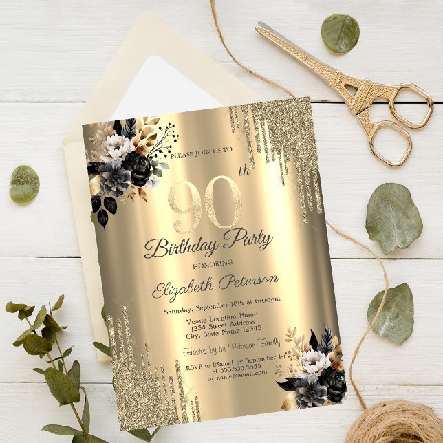 Gold Glitter Drips Black Roses 90th Birthday  Invitation (Creator Uploaded)