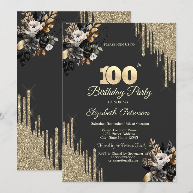 Gold Glitter Drips Black Roses Dark 100th Invitation (Front/Back)